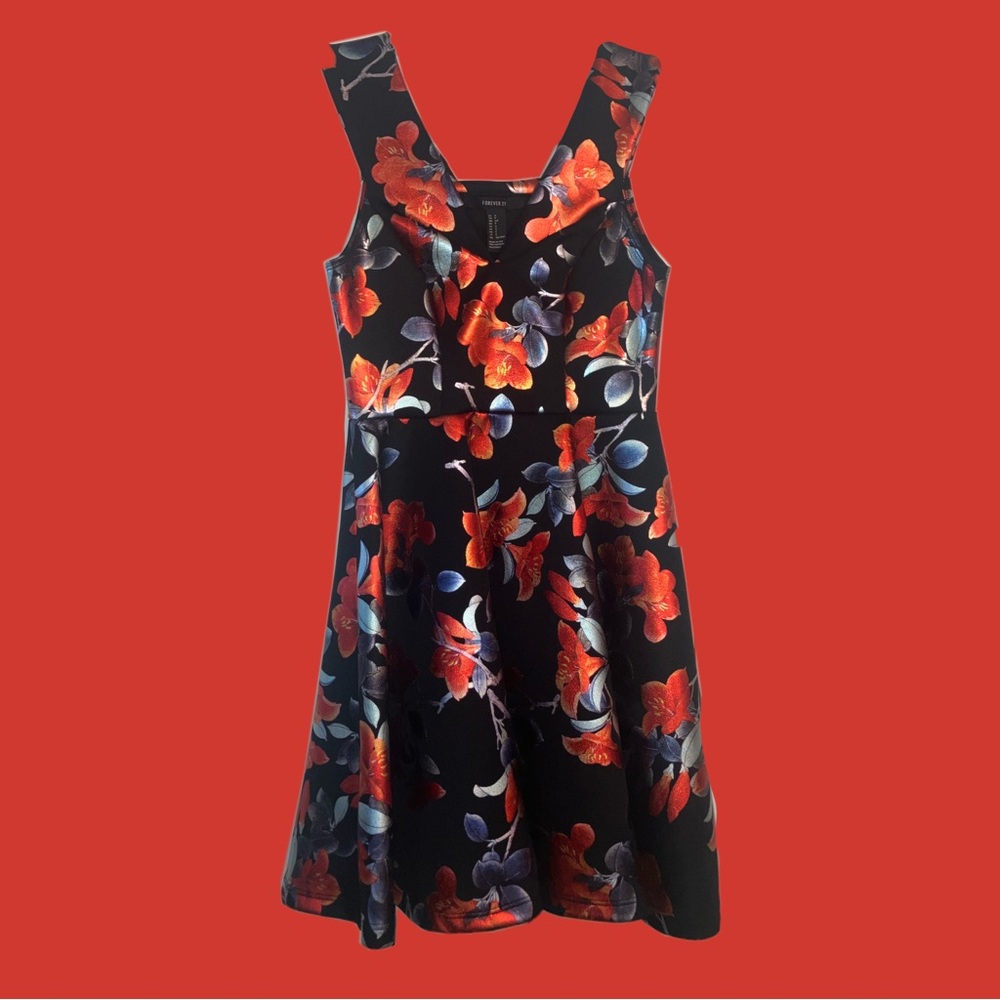 Red and Blue/Gray Metallic Floral Mini Dress